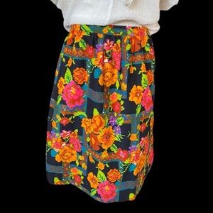 🌴Vintage Bark Cloth 70s Floral Folk Pattern Hand Sewn Skirt